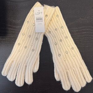 LOFT Cream Ribbed Pearl & Rhinestone Knit Gloves